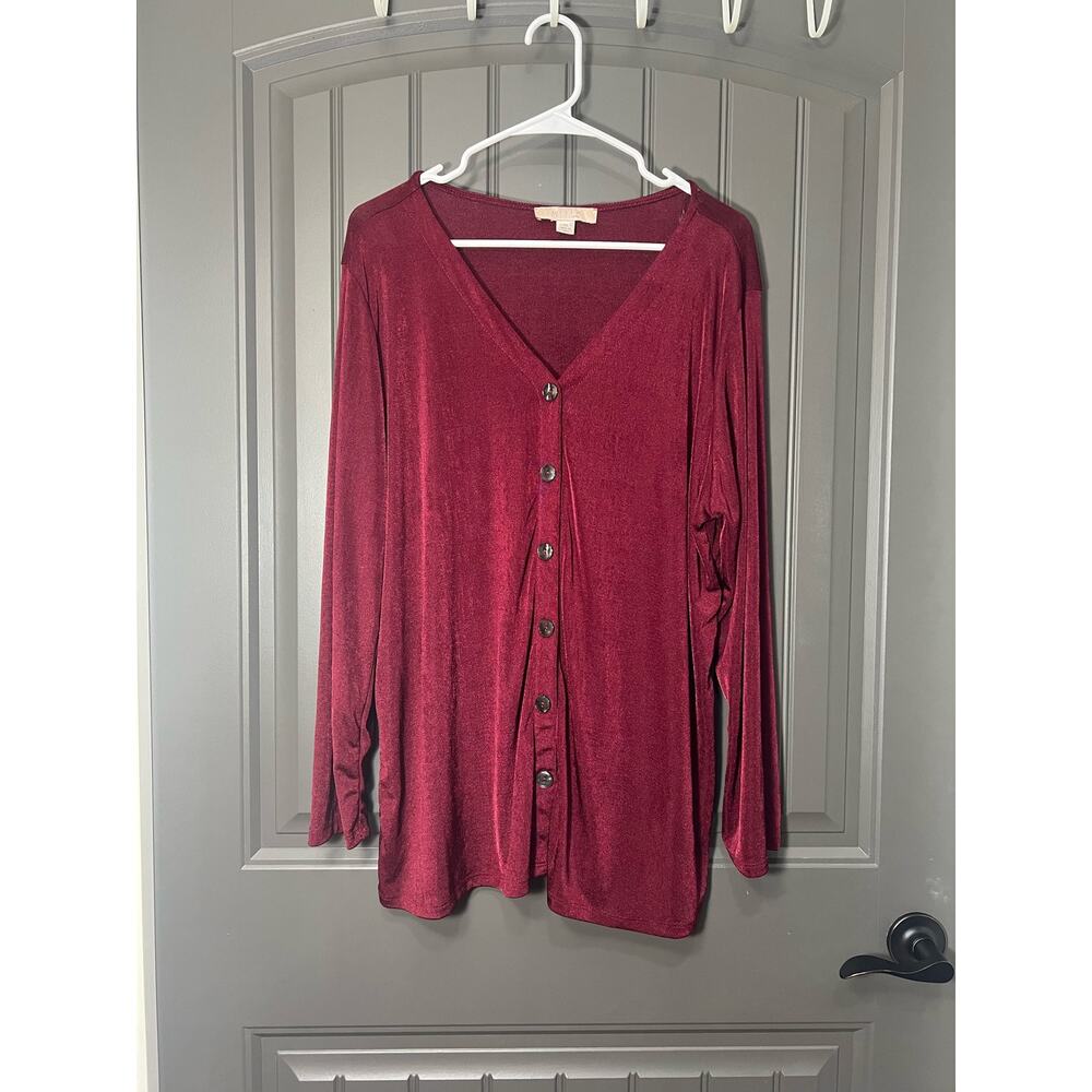 Misia Curvy Maroon Long Sleeve V Neck Button Up 2x